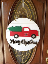 Load image into Gallery viewer, Red Truck Christmas, Vintage Red Truck, Vintage Red Truck with tree, Red Truck Door Hanger, Christmas Door Hanger, Vintage Truck Door Hanger
