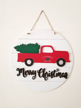Load image into Gallery viewer, Red Truck Christmas, Vintage Red Truck, Vintage Red Truck with tree, Red Truck Door Hanger, Christmas Door Hanger, Vintage Truck Door Hanger
