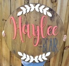 Load image into Gallery viewer, Round Name Sign, Nursery Name Sign, Baby Girl Nursery Decor, Baby Girl Name Sign, Nursery Name Sign, Wood Name Sign
